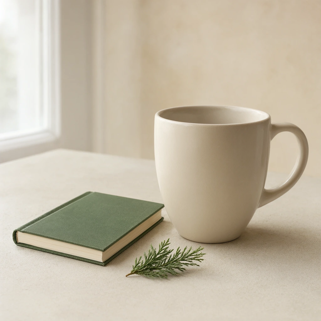 Seed 100: a cream mug beside a green notebook with an evergreen sprig.