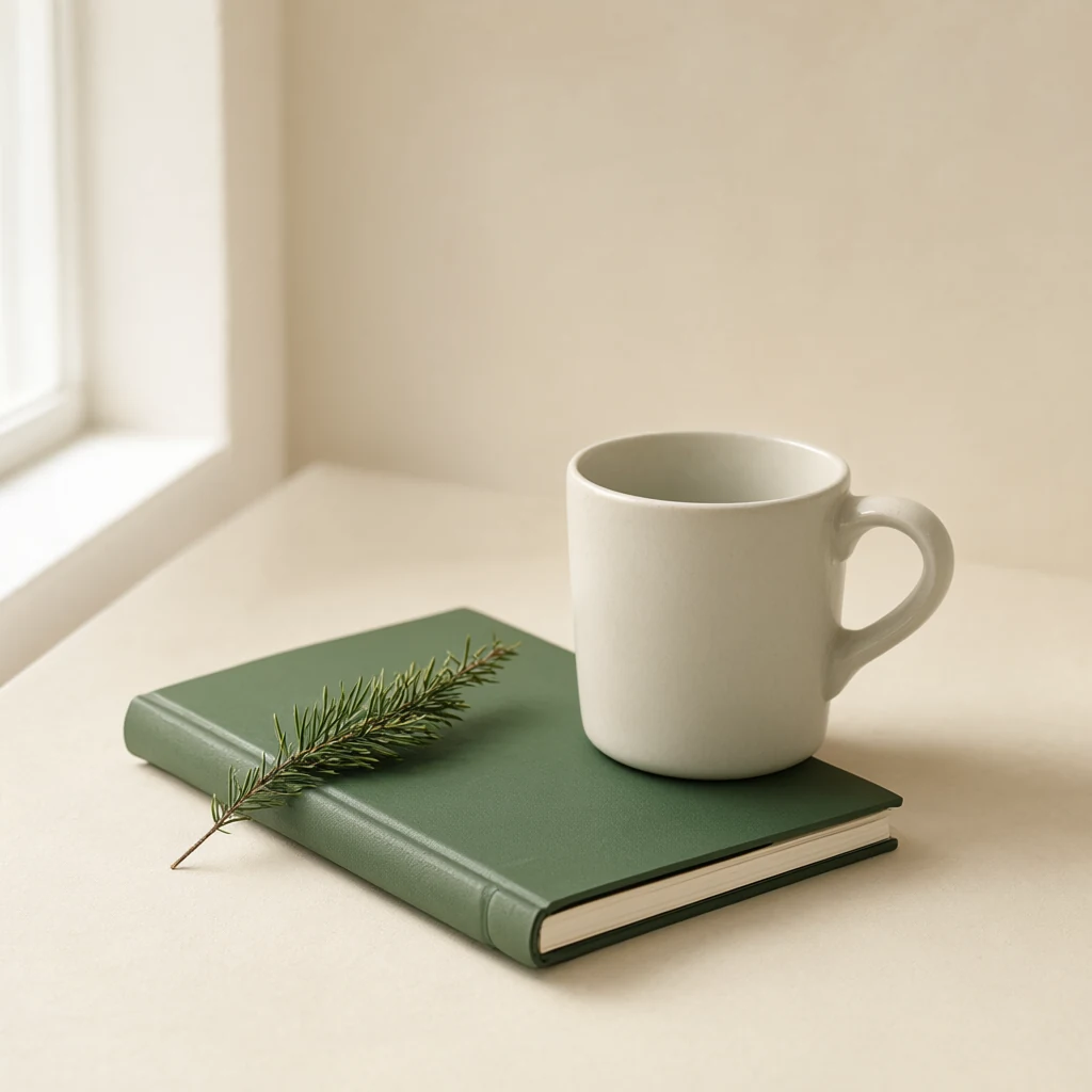 Seed 102: a cream mug on a green notebook with an evergreen sprig.