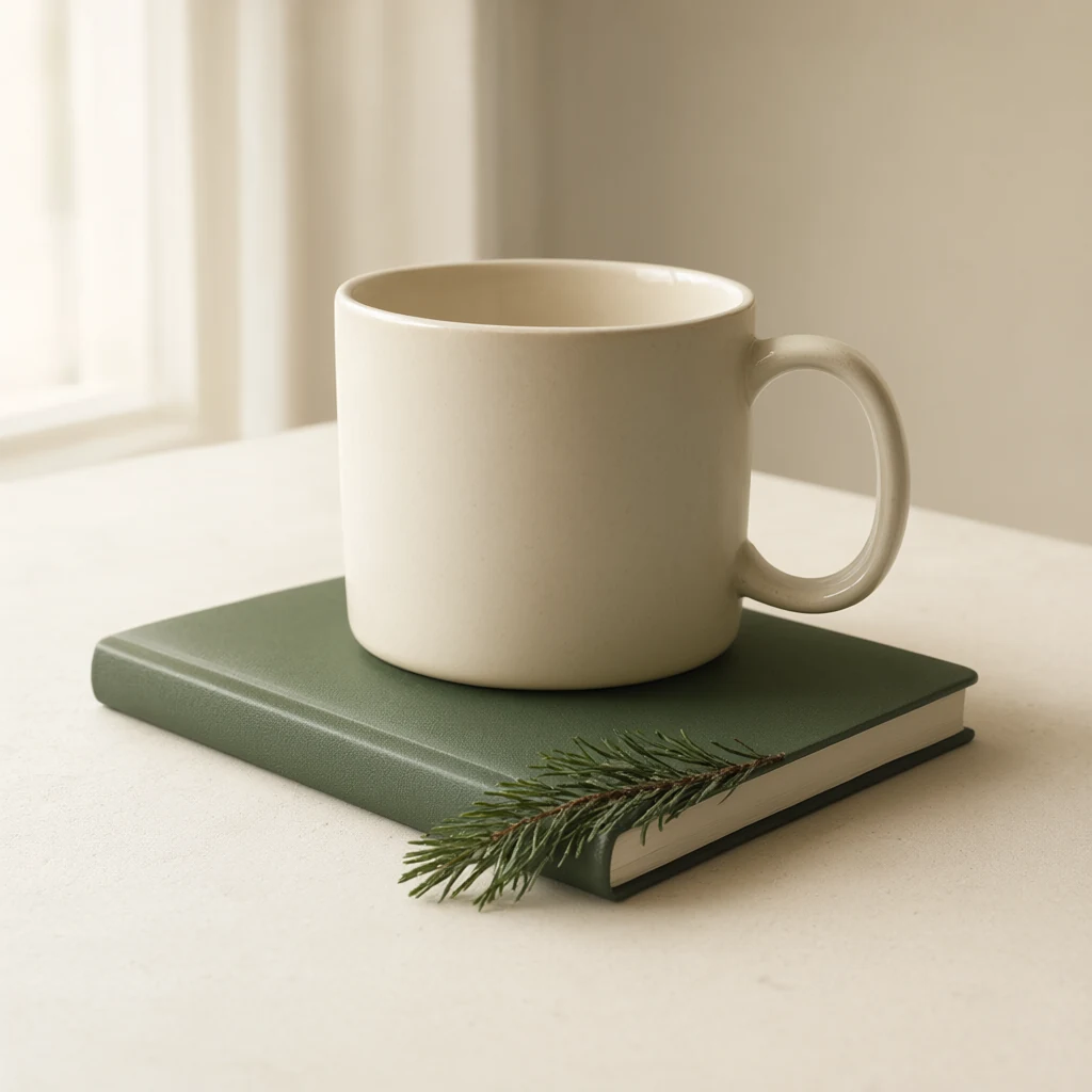 Seed 103: a cream mug on a green notebook with an evergreen sprig.